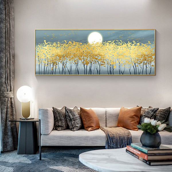 Golden Forest Painting - Original Abstract Gold Trees Acrylic Art, Textured Wall Decor for Living Room, Unique Housewarming Gift by Sona Casa
