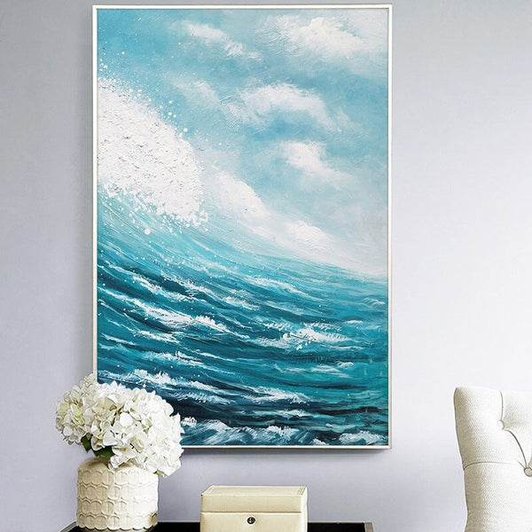 Blue Wall Art - Original Ocean Painting, Abstract Sea Canvas, Minimalist Bedroom Wall Decor, Elegant Gift for New Homeowners by Sona Casa