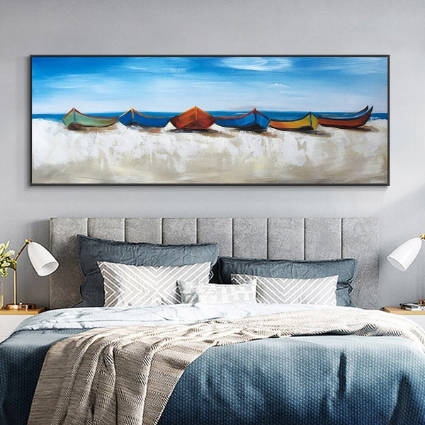 Sail Beyond' Original Oil Painting with Colorful Boats, Blue Seaside - Textured Coastal Artwork Living Room Decor, Housewarming Gift by Sona Casa