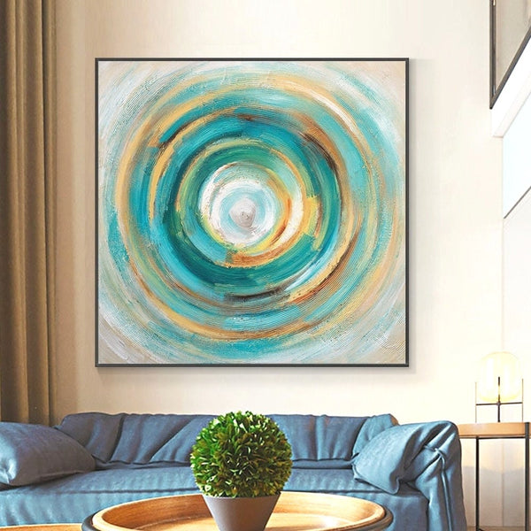 Original Abstract Canvas Art - Green & Blue Circle Oil Painting, Minimalist Wall Decor for Living Room, Unique Housewarming Gift by Sona Casa