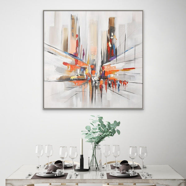 Original Abstract City Painting, Textured Orange Canvas Art Modern Framed Wall Art for Home Decor by Sona Casa