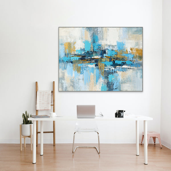 Random Strokes Large Abstract Canvas Painting - Blue and Gold Handmade Art for Living Room Decor, Unique Housewarming Gift by Sona Casa