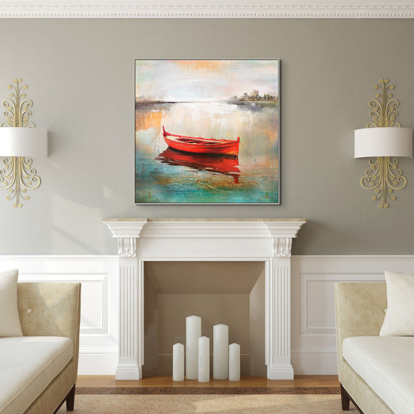 Boat Art - Handmade Abstract Lake Scene, Textured Canvas Painting for Modern Living Space or Office Wall Decor by Sona Casa