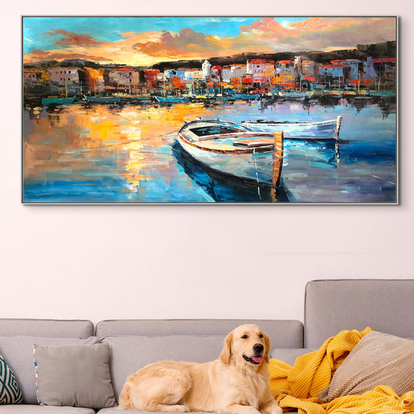 Italy Landscape Art - Colorful Portofino Harbour Scene, Handcrafted Wall Painting on Canvas, Art Lover Gift by Sona Casa