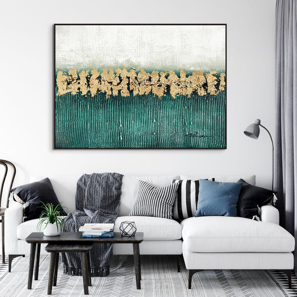 Green Groovy, Thick Textured Abstract Painting with Green and Gold, Living Room Wall Art, Painting on Canvas, Abstract Art, Impasto Painting by Sona Casa