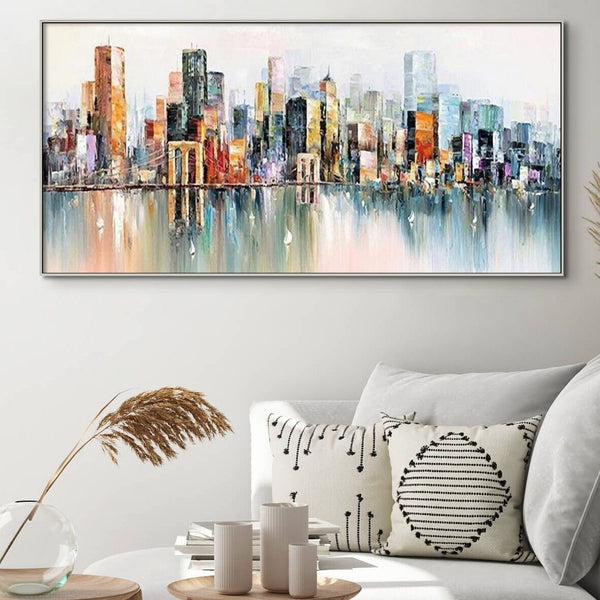 Abstract New York Painting - Handmade Large Canvas Art, Urban Cityscape Oil Painting for Modern Wall Decor, Unique Housewarming Gift by Sona Casa