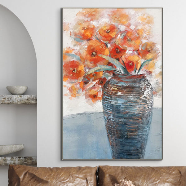 Large Abstract Floral Painting, Vibrant Orange Flowers in Vase, Minimalist Canvas Wall Art, Thoughtful Housewarming Gift by Sona Casa
