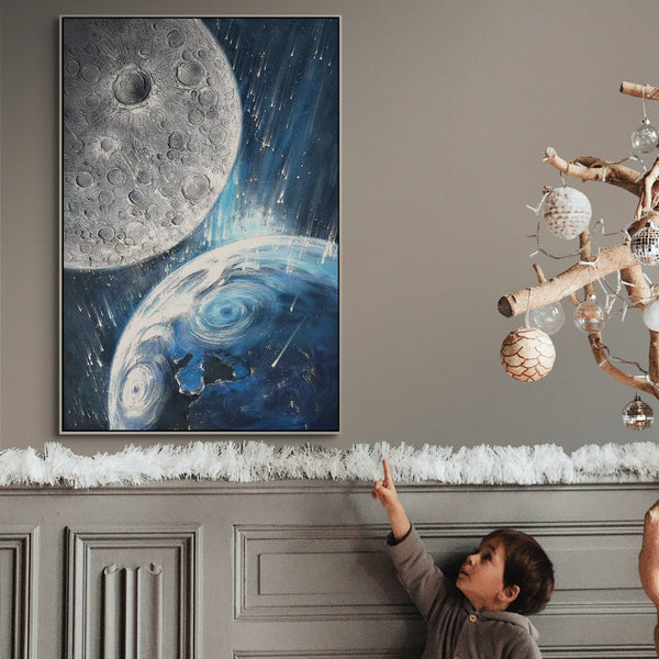 Earth and Moon Painting - Large Textured Canvas Wall Art, Celestial Space Decor for Home and Office, Unique Astronomy Gift by Sona Casa
