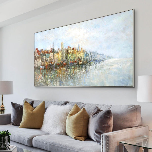 Lake Painting Cityscape Canvas Art, Abstract City Landscape on Framed Canvas, Contemporary Wall Art, Unique Housewarming Gift by Sona Casa