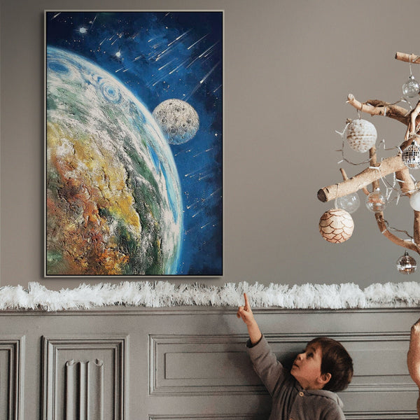 Earth and Moon Painting - Extra Large Textured Canvas Art, Hand-Painted Impasto Space Artwork for Modern Home Decor, Unique Astronomy Gift by Sona Casa
