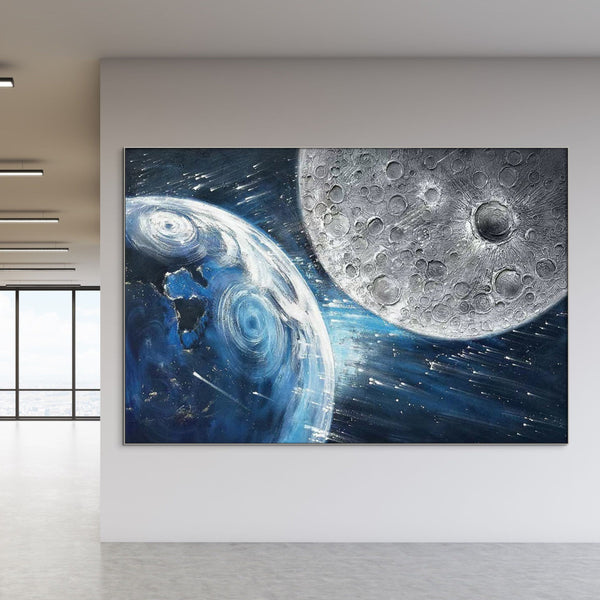 Earth and Moon Painting - Large Textured Canvas Wall Art, Celestial Space Decor for Home and Office, Unique Astronomy Gift by Sona Casa