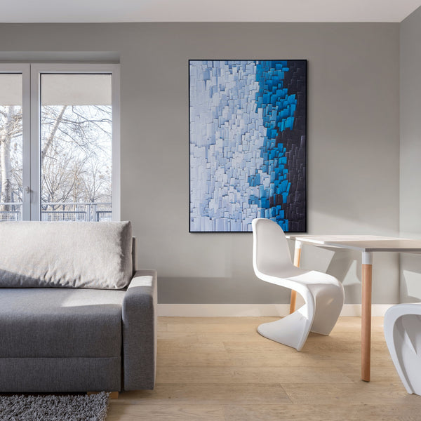 Blue Hues Stripe Illusion Large Framed 3D Abstract Wood Canvas Art For Modern Home Decor by Sona Casa