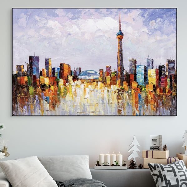 Canada Wall Art - Vibrant Toronto Skyline Painting on Canvas, Modern Urban Landscape, Framed Original Painting for Housewarming Gift by Sona Casa