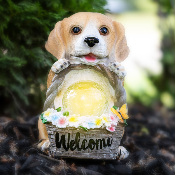 Brown Polyresin Dog Statue With Solar Garden Light And Welcome Basket by Sona Casa