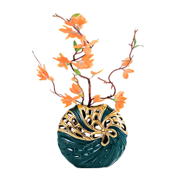 Green Flower Pattern Round Vase, Bud Vase, Golden Highlights by Sona Casa