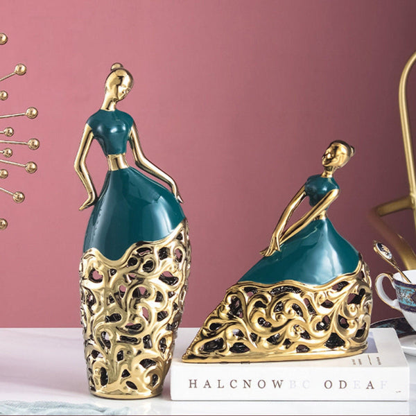 2 Pc Green and Gold Ceramic Dancer Figurines, Coffee Table Decor, Unique Gift, Centerpiece, Home Decor, Countertop Decor, Gift by Sona Casa