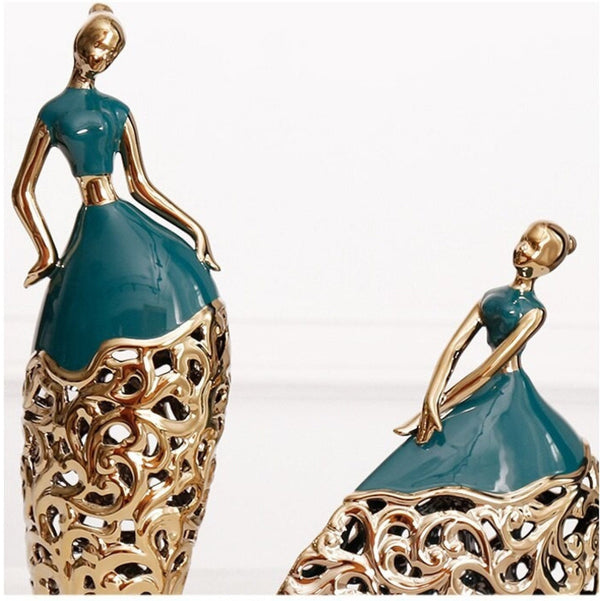 2 Pc Green and Gold Ceramic Dancer Figurines, Coffee Table Decor, Unique Gift, Centerpiece, Home Decor, Countertop Decor, Gift by Sona Casa