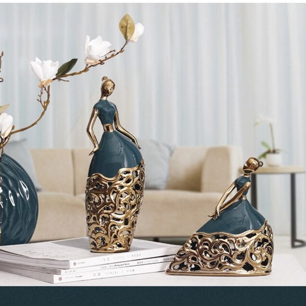 2 Pc Green and Gold Ceramic Dancer Figurines, Coffee Table Decor, Unique Gift, Centerpiece, Home Decor, Countertop Decor, Gift by Sona Casa