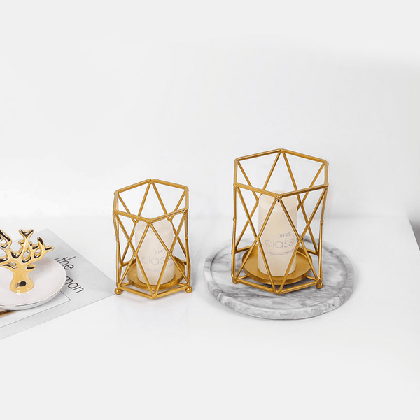 Iron Metal Candle Stick Holder Set, 7" and 5" Gold Wire Mesh Holders by Sona Casa