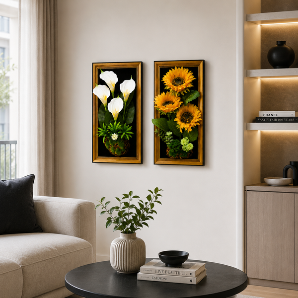 Pair of framed botanical 3D wall accents above a sofa — Sona Casa