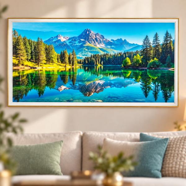 Framed mountain and lake landscape artwork above a sofa — Sona Casa