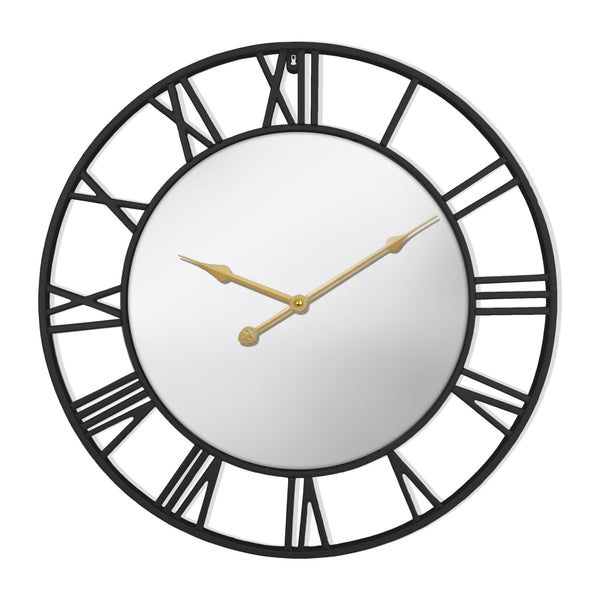 Large Black Wall Clock with Mirror, 24" Silent Roman Clock, Heavy Metal, Living Room Wall Decor