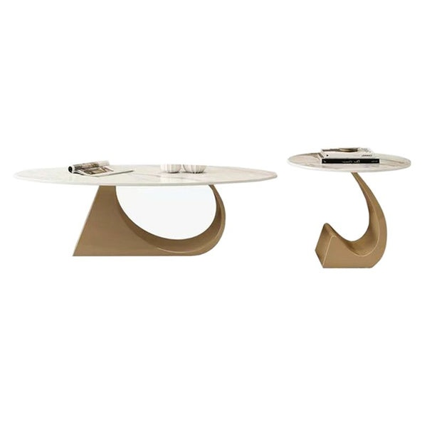 Modern Oval Coffee Table Set 47" and 20" White Marble Top, Metal Gold Frame