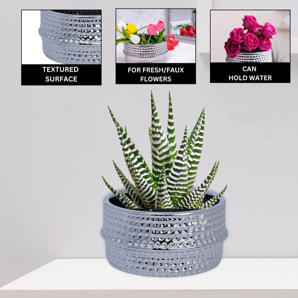 Ceramic Bud Vase, 4" Silver Chrome Textured Round Table Vase