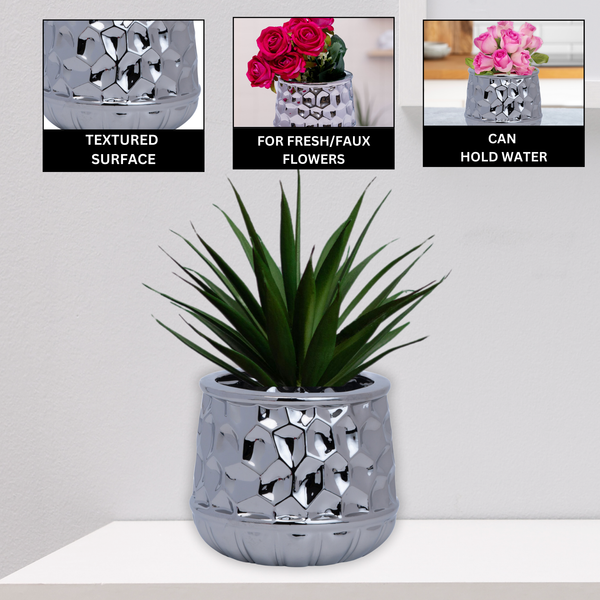 Silver Chrome Ceramic Vase, 5" Geometrical Textured Bud Vase for Fake or Fresh Flowers, Home Decor Accent