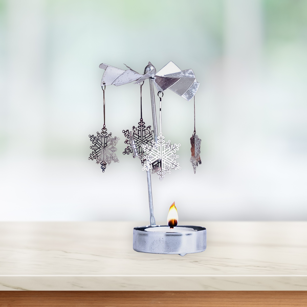 Silver Small 6" Metal Candle Holder with 1 Tealight Candle, Spinning Top, Diwali Gifts, Desk Altar Living Room Decor