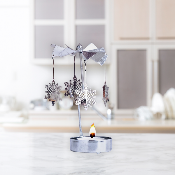 Silver Small 6" Metal Candle Holder with 1 Tealight Candle, Spinning Top, Diwali Gifts, Desk Altar Living Room Decor