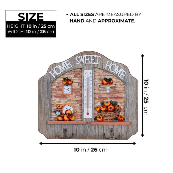 Wooden Entryway Key Holder Rack Hanger with Thermometer, 2 Double Hooks Home Office Organizer, Gifts