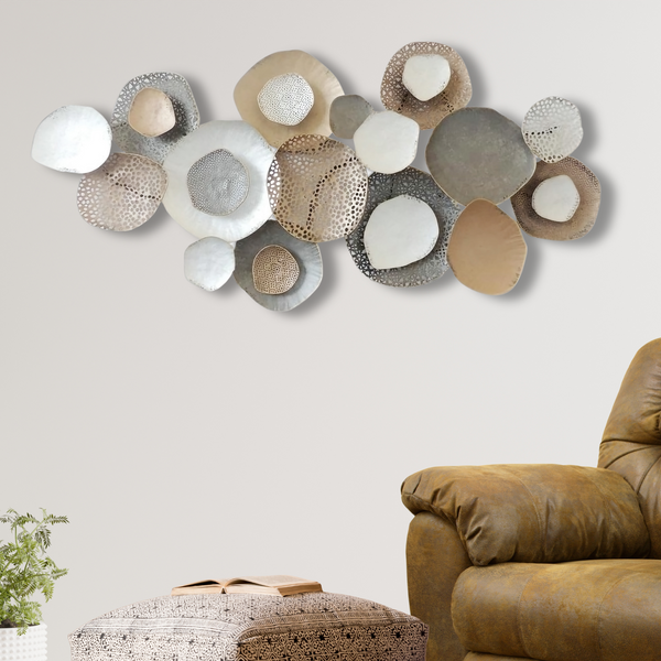 Large Metal Wall Art Sculpture, 53" Rustic Weathered Finish, Gold Silver White Home Office Decor