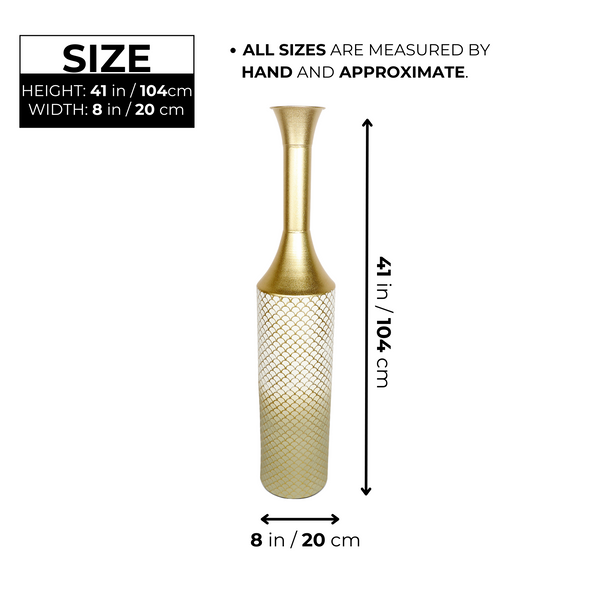 Modern Tall Floor Vase, Handmade Indoor Decor Metal 41" Gold Beige White