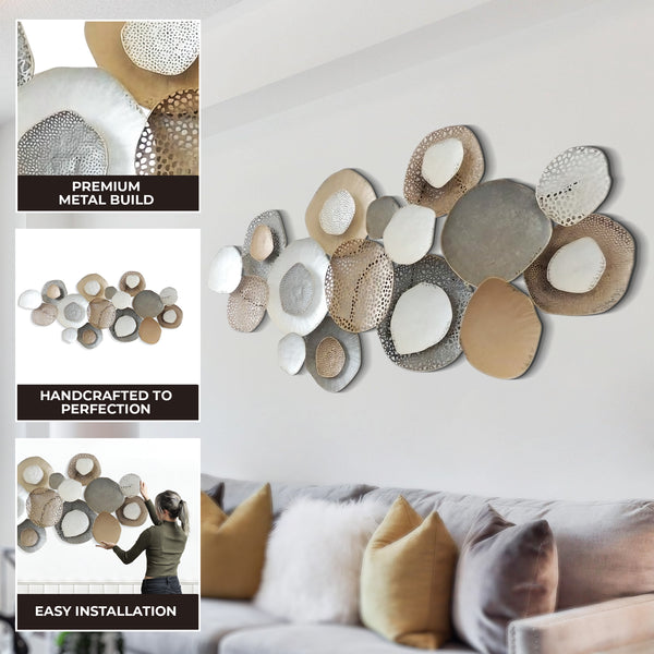 Large Metal Wall Art Sculpture, 53" Rustic Weathered Finish, Gold Silver White Home Office Decor