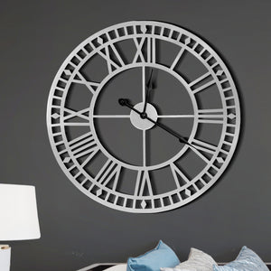 Oversized Round Metal Wall Clock, Large 32", Roman Numeral Silver Silent Clock Home Office Decor by Sona Casa
