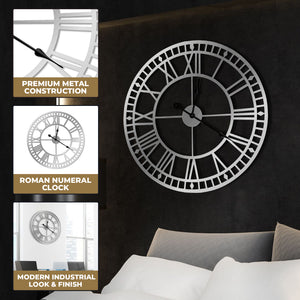 Oversized Round Metal Wall Clock, Large 32", Roman Numeral Silver Silent Clock Home Office Decor by Sona Casa