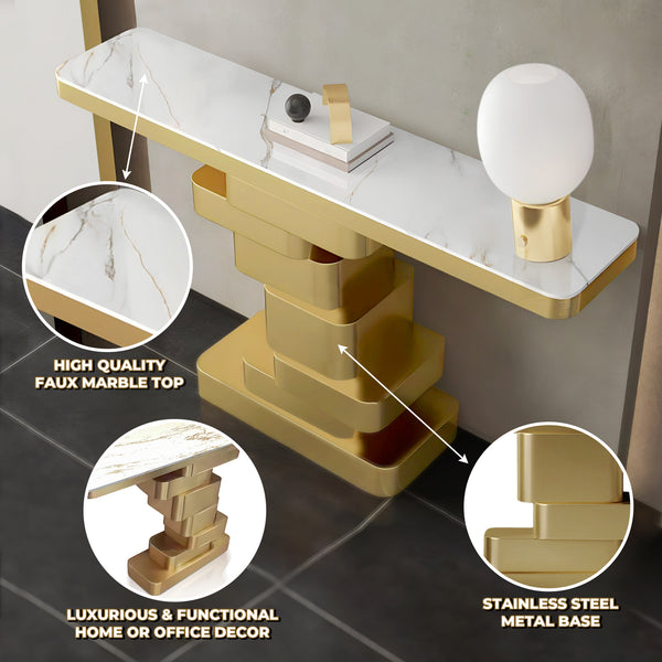 Modern 55" Golden Console Table, High Quality White Marble Top Metal Stainless Steel