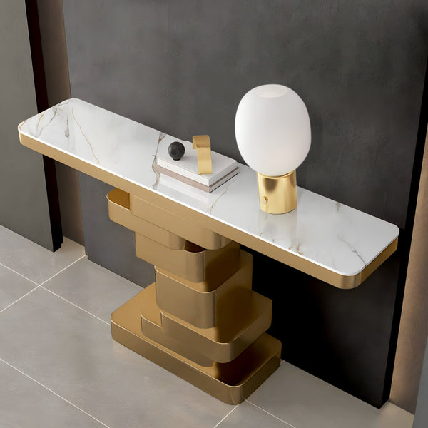 Modern 55" Golden Console Table, High Quality White Marble Top Metal Stainless Steel