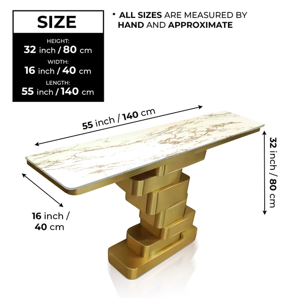 Modern 55" Golden Console Table, High Quality White Marble Top Metal Stainless Steel