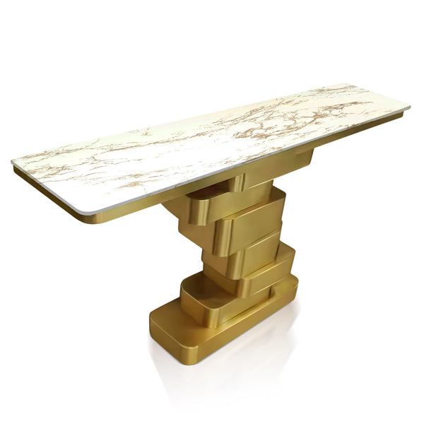 Modern 55" Golden Console Table, High Quality White Marble Top Metal Stainless Steel