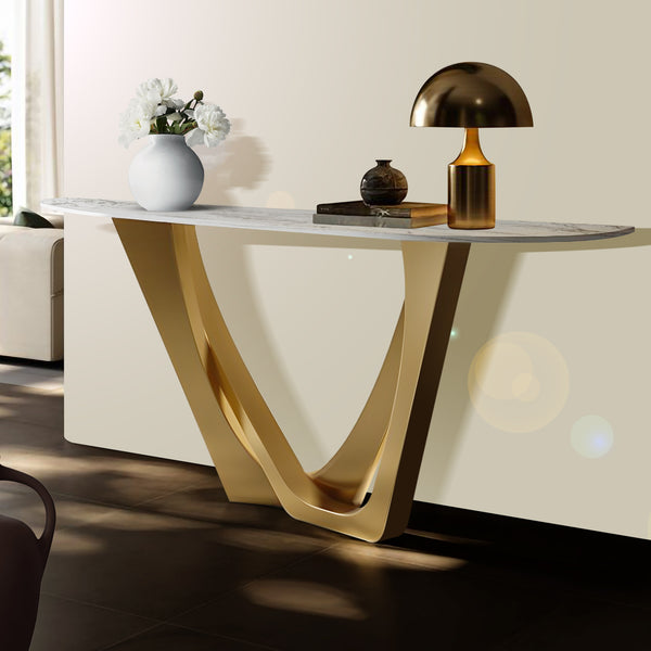 Modern 51" Golden Console Table, Premium White Marble Top Stainless Steel Metal Frame by Sona Casa