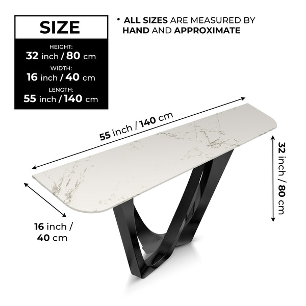 Modern 51" Console Table, High Quality White Marble Top, Stainless Steel Metal Matte Black by Sona Casa