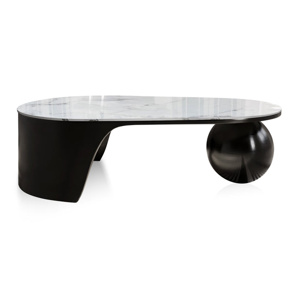 Designer 47" Coffee Table, Ball Base Design, White Artificial Marble Surface, Metal Matte Black Frame, Home Decor by Sona Casa