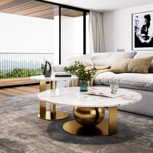 Modern Golden Coffee Table Set 32" and 16", White Marble Top, Metal Ball Base, Home Decor by Sona Casa
