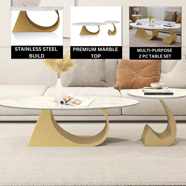 Modern Oval Coffee Table Set 47" and 20" White Marble Top, Metal Gold Frame