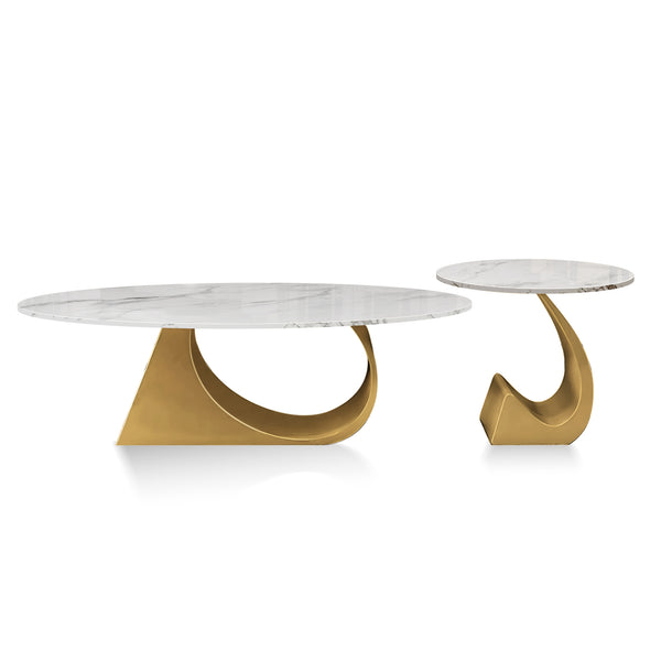 Modern Oval Coffee Table Set 47" and 20" White Marble Top, Metal Gold Frame