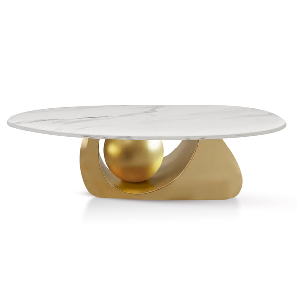 Designer Oval Coffee Table 47" White Marble Top, Golden Metal Ball Base, Centerpiece
