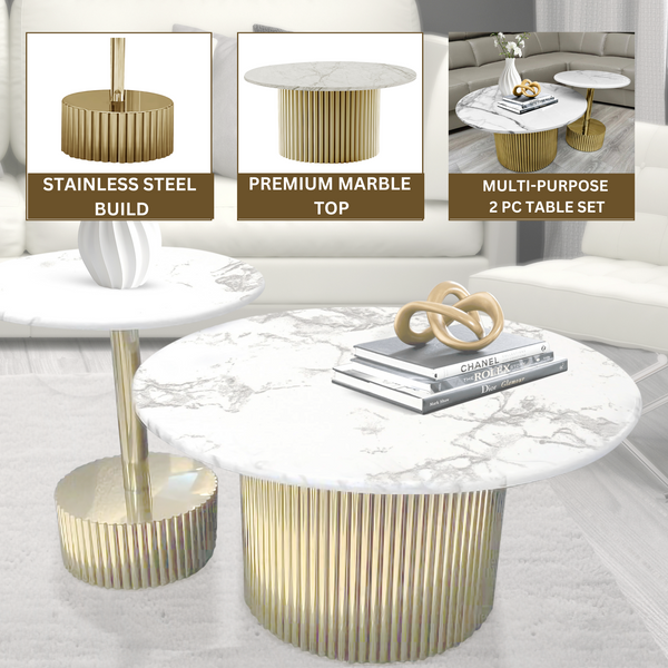 Modern Round Coffee Table Set 35" and 20" Centerpiece, Marble Surface, Metal Gold Frame