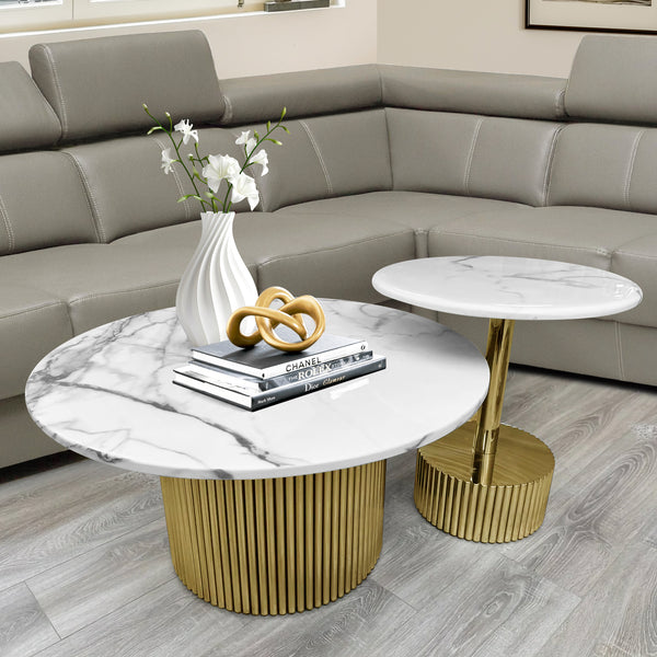 Modern Round Coffee Table Set 35" and 20" Centerpiece, Marble Surface, Metal Gold Frame